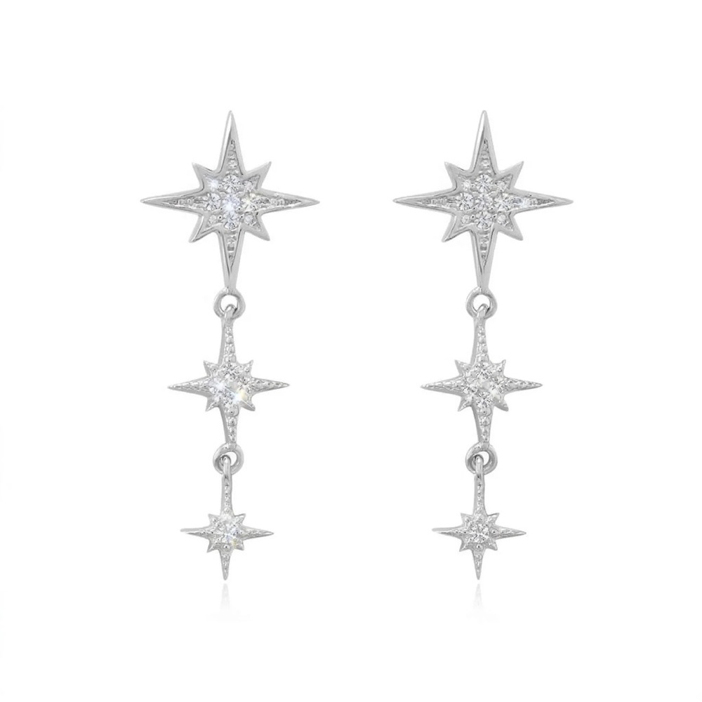 Celestial Rhodium Plated over Sterling Silver CZ Star Drop Earrings…Spectacular
